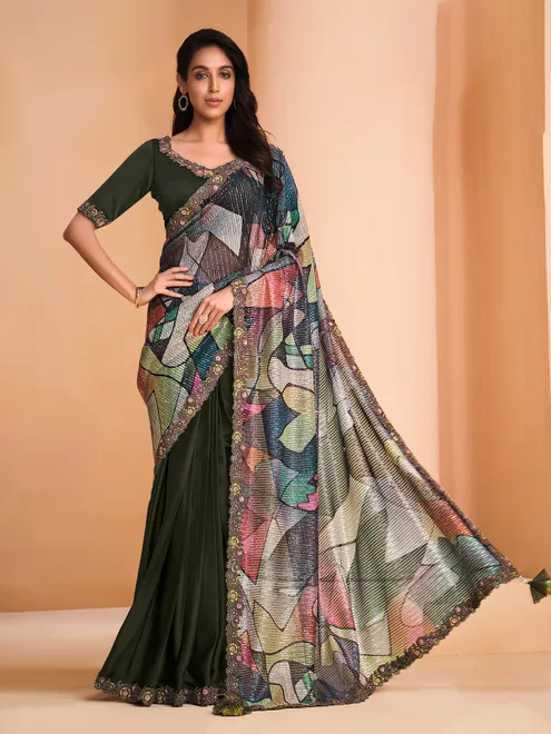 Olive trendy digital sequins designer party saree