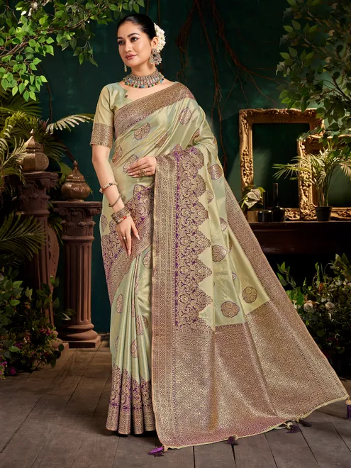 Olive zari work silk saree