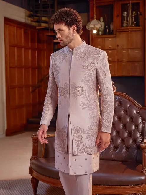 Onion pink art silk resham work indo western jacket