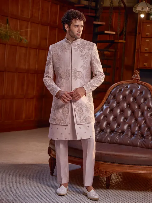 Onion pink art silk resham work indo western jacket