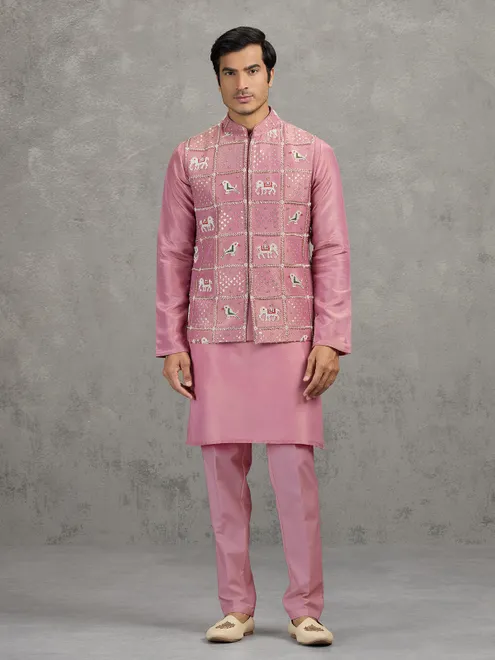 Onion pink art silk waistcoat set