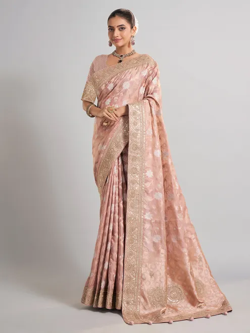 Onion pink banarasi silk saree for special celebrations