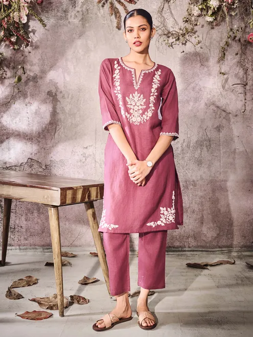 Onion pink casual wear cotton kurti set