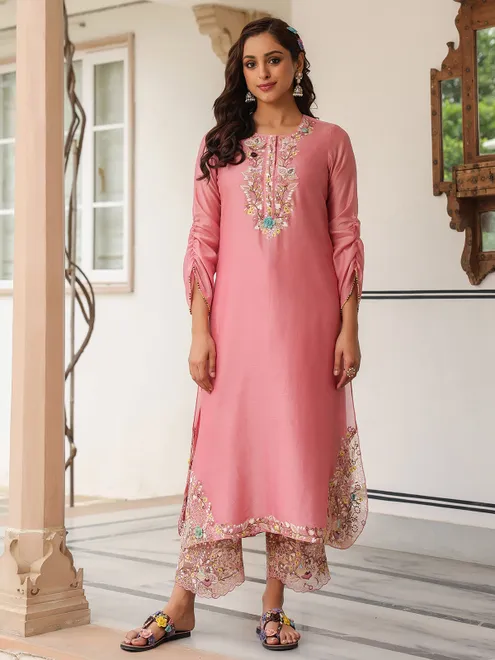 Onion pink chanderi silk kurti set for women