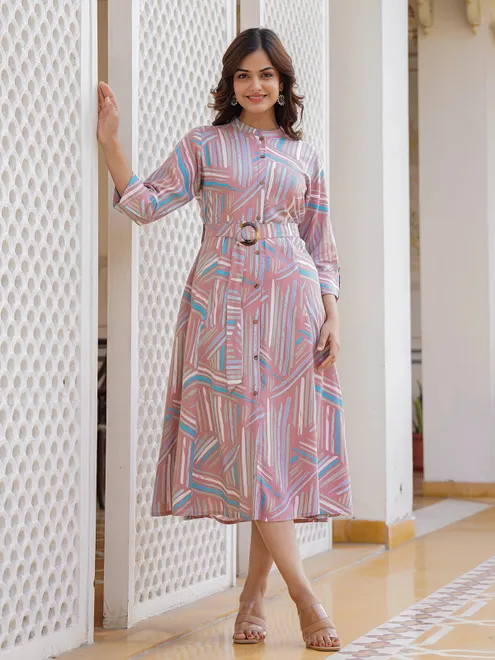 Onion pink cotton silk printed kurti with stylish belt