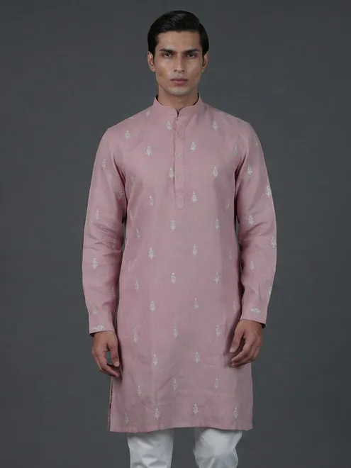Onion pink cotton thread weaving festive kurta