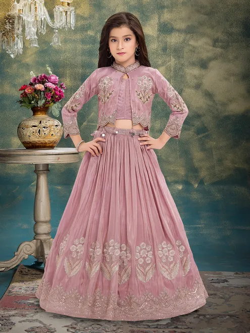 Onion pink crepe silk jacket style lehenga choli