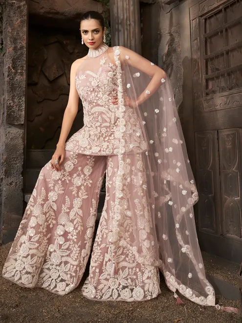 Onion pink designer palazzo net suit