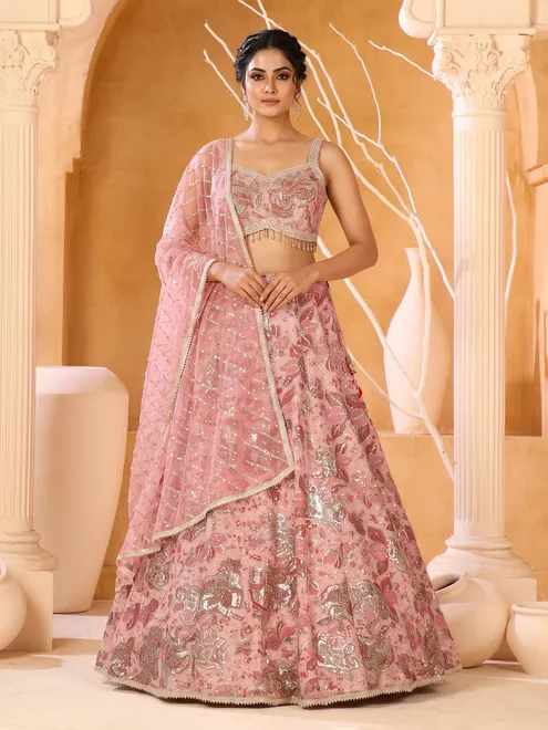 Onion pink festive silk lehenga choli with elegant embroidered dupatta