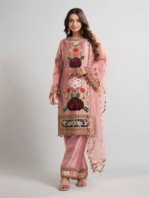 Onion pink festive wear pakistani silk salwar suit