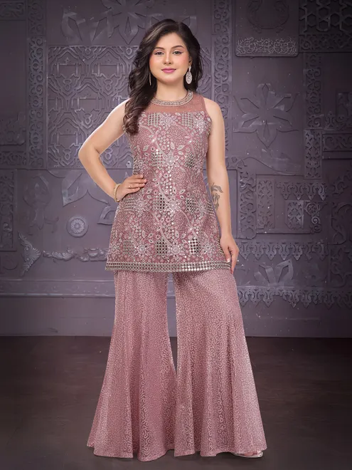 Onion pink festive wear palazzo suit in soft net