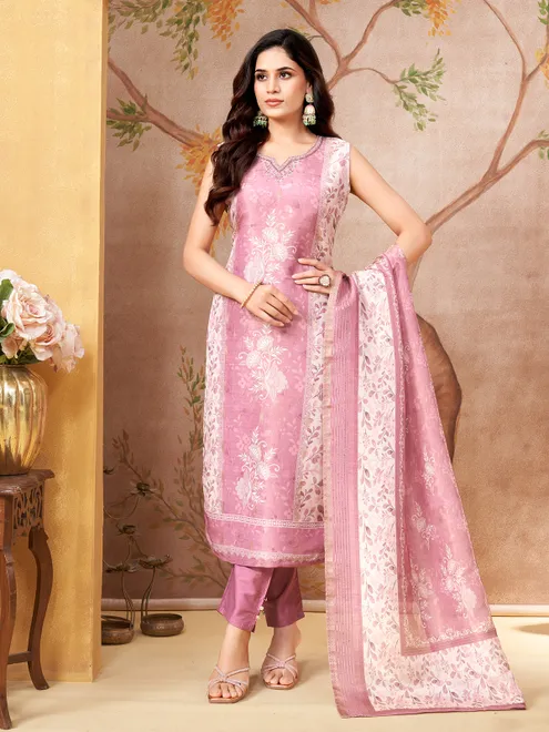 Onion pink floral silk straight cut salwar suit