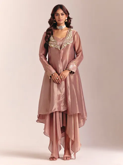 Onion pink jacket style tissue silk embellished suit