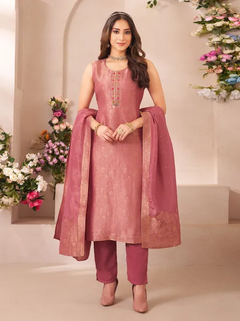 Onion pink mirror work salwar suit