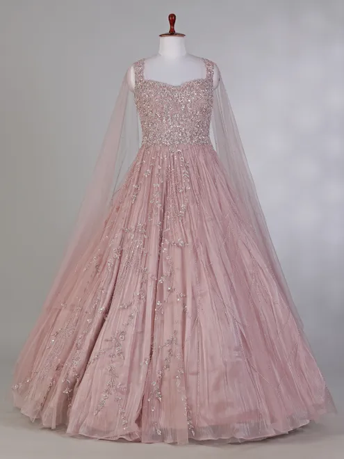 Onion pink net designer gown with diamond work