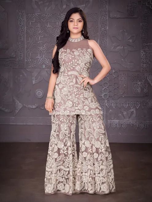 Onion pink net designer halter neck palazzo suit