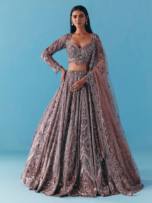 Onion pink net lehenga choli with full sleeve shine