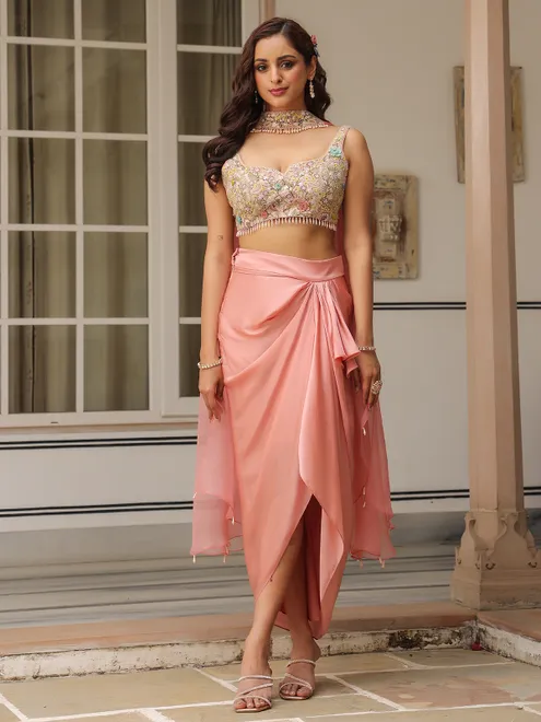 Onion pink organza and satin party wear indowestern suit