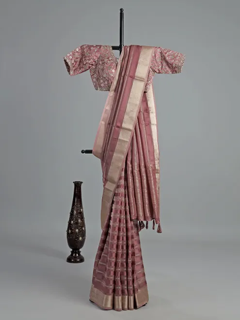Onion pink organza satin saree with gota glam