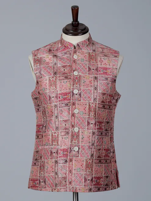 Onion pink printed cotton silk waistcoat with resham work