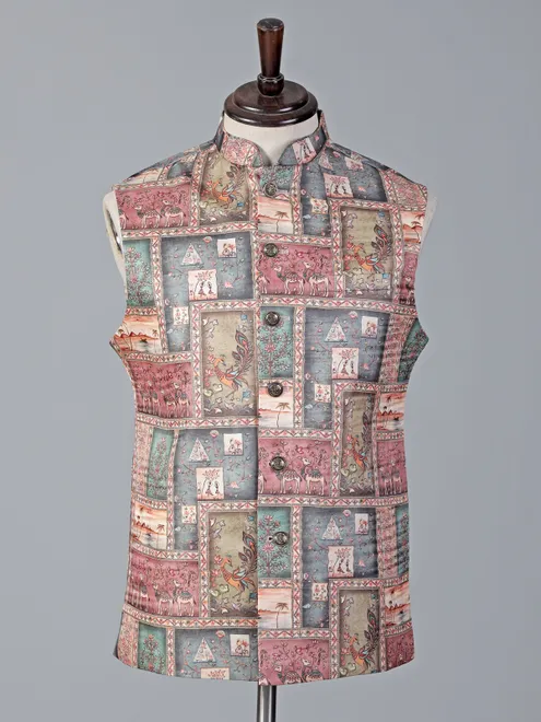 Onion pink printed designer buttons cotton silk waistcoat