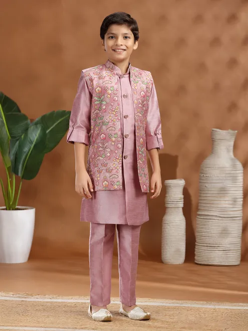 Onion Pink raw silk printed waistcoat set