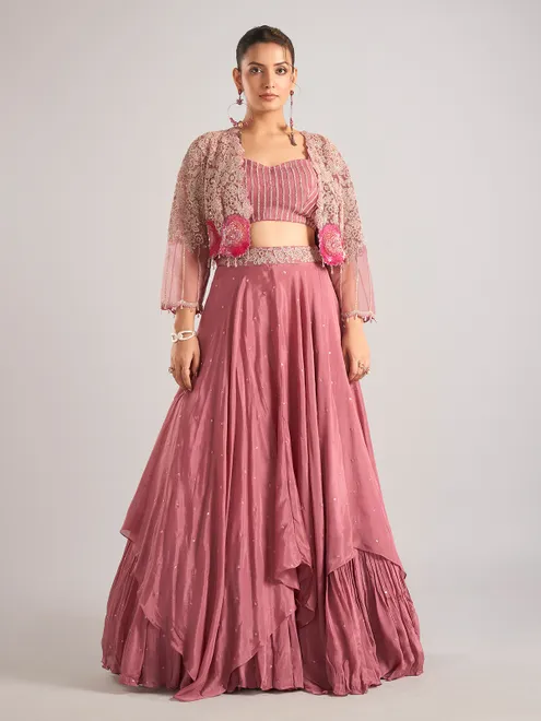 Onion pink satin silk jacket style lehenga choli