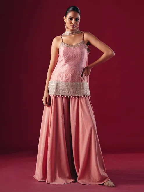 Onion pink satin silk palazzo suit with dupatta