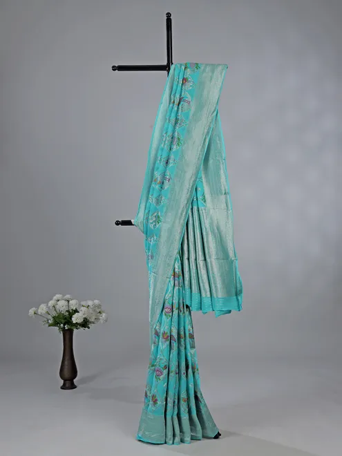 Mint blue satin silk saree for wedding style