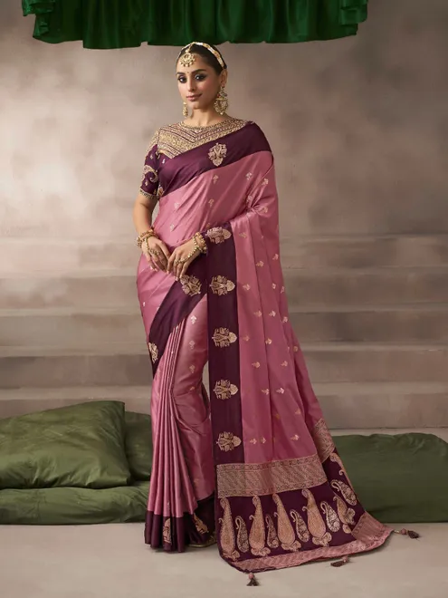 Onion pink satin silk saree with refined detailing