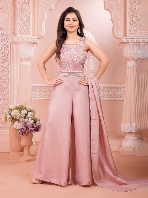 Onion pink silk embroidered palazzo suit