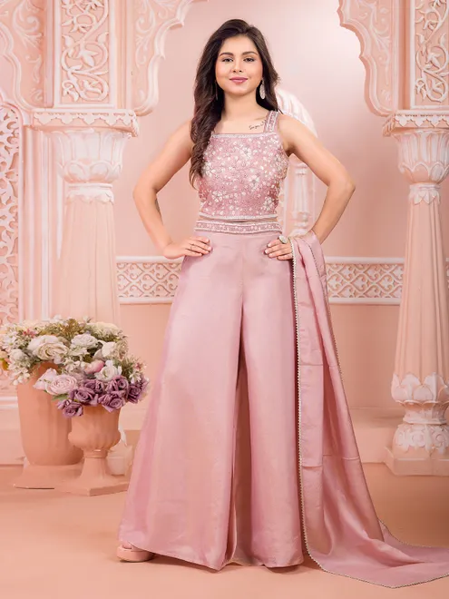 Onion pink silk embroidered work palazzo suit