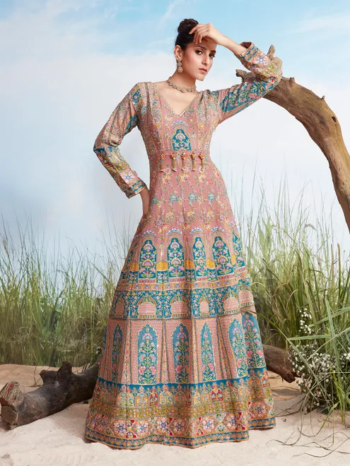 Onion pink silk floor length resham sequin gown