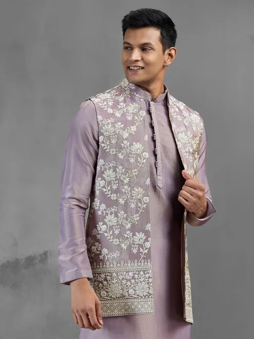 Onion pink silk floral mens waistcoat set design