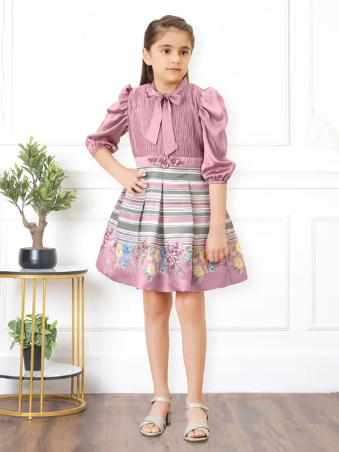 Onion pink silk girls frock with quarter sleeves