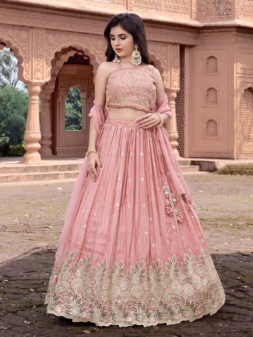 Onion pink silk lehenga choli with aabla work