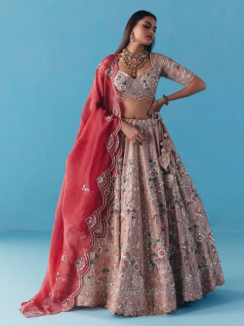 Onion pink silk lehenga choli with diamond charm