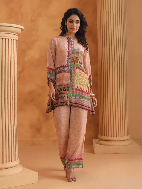 Onion pink silk printed co ord set for women