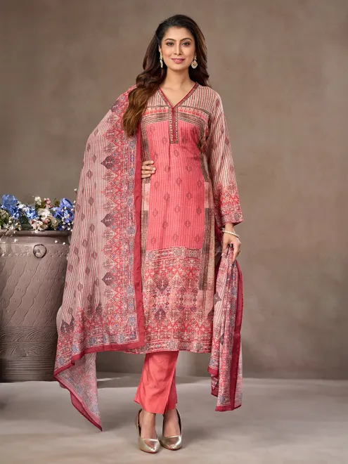 Onion pink silk salwar suit with v neckline