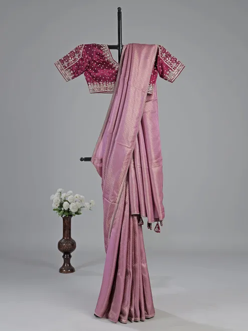Onion pink silk saree with stylish blouse