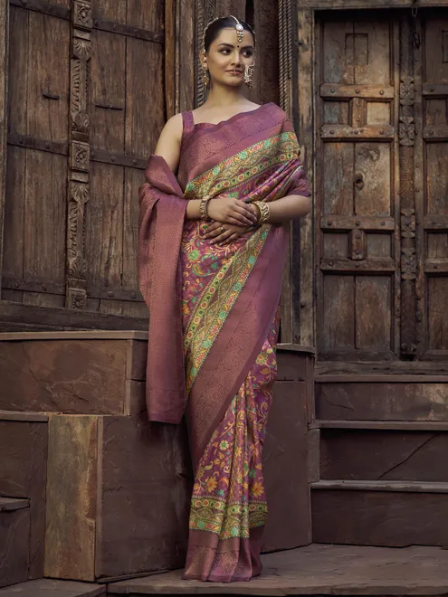 Onion pink silk saree with zari grace