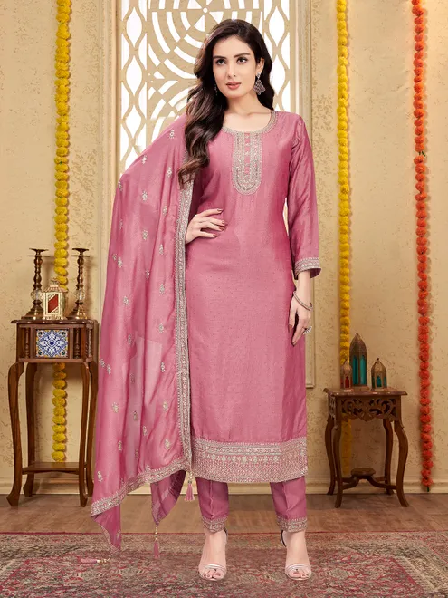 Onion pink silk straight cut salwar suit for women