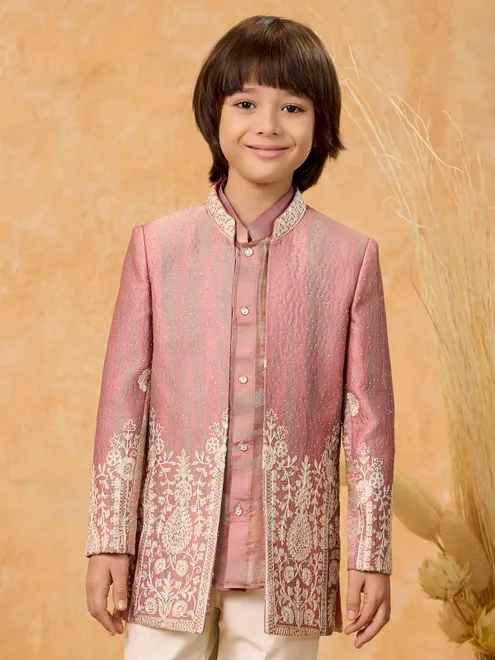 Onion pink silk thread work indo western outfit