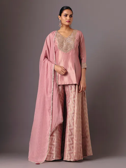 Onion pink silk v neck palazzo suit