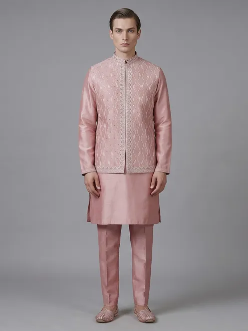 Onion pink silk waistcoat set with aabla work