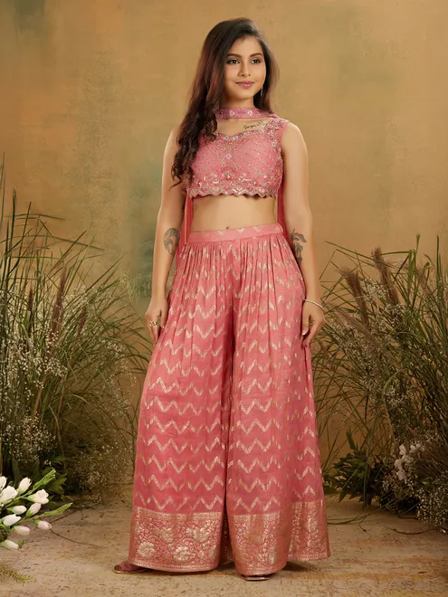 Onion pink sweetheart neck silk palazzo suit