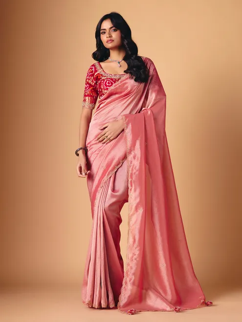 Onion pink tissue silk saree for festive wear