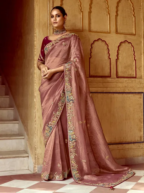 Onion pink tissue silk saree for women