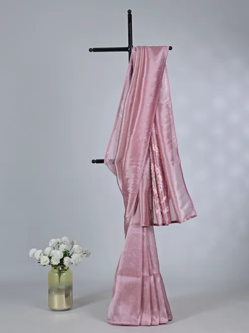 Onion pink tissue silk saree with resham and mirror detailing