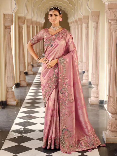 Onion pink wedding wear silk saree for women